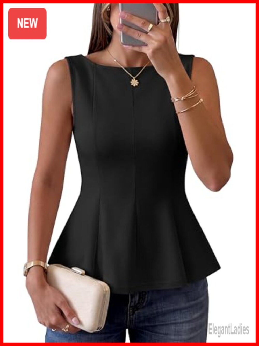 Business Casual Sleeveless Peplum Top Slim Fit Boat Neck Tank Top Summer